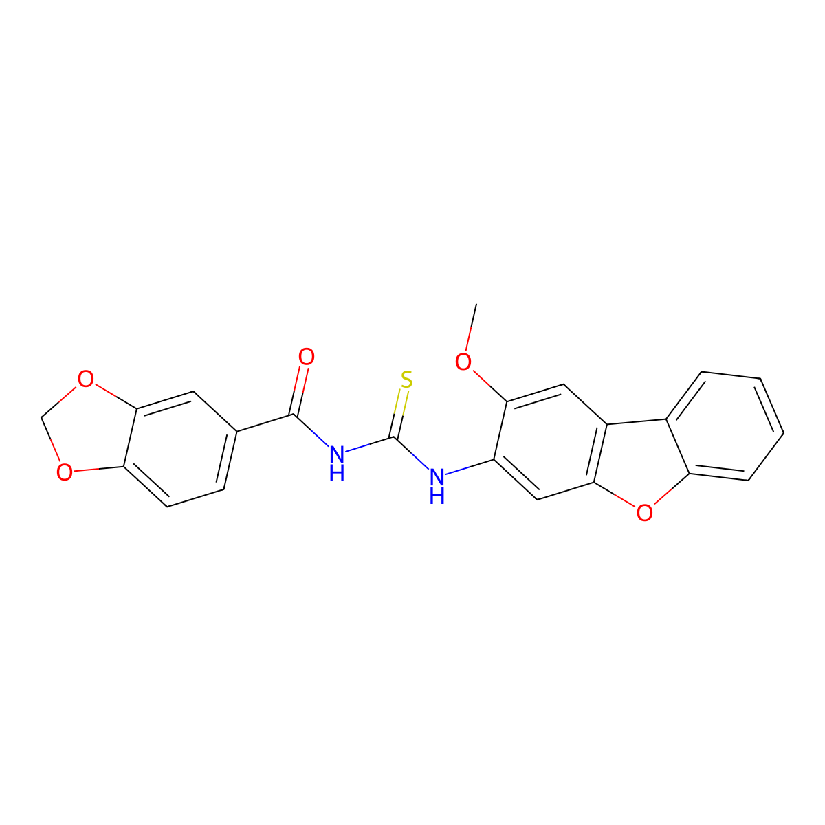 N-[(2-methoxydibenzofuran-3-yl)carbamothioyl]-1,3-benzodioxole-5-carboxamide molecular structure, CAS 695205-47-1