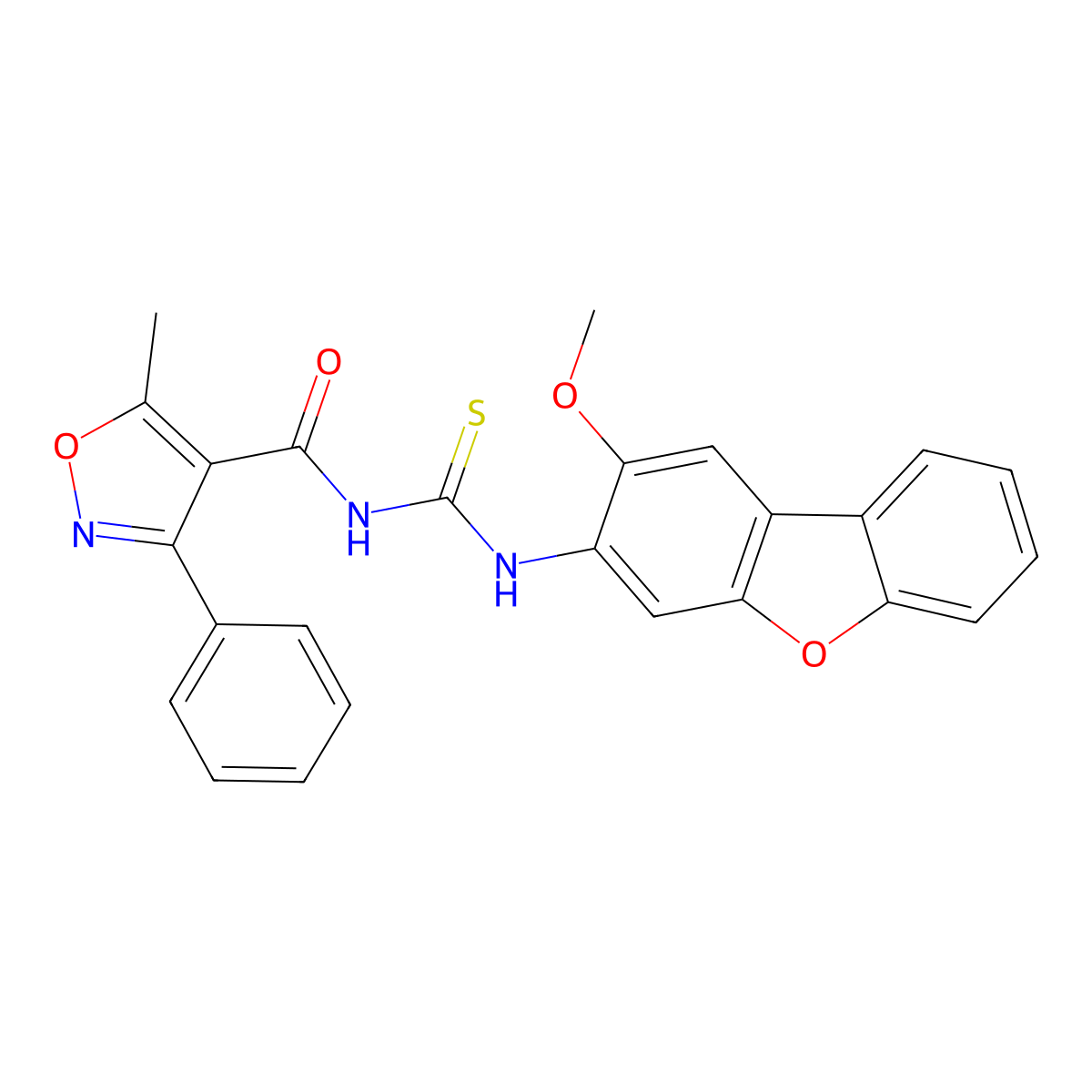 N-[(2-methoxydibenzofuran-3-yl)carbamothioyl]-5-methyl-3-phenyl-1,2-oxazole-4-carboxamide molecular structure, CAS 695205-49-3