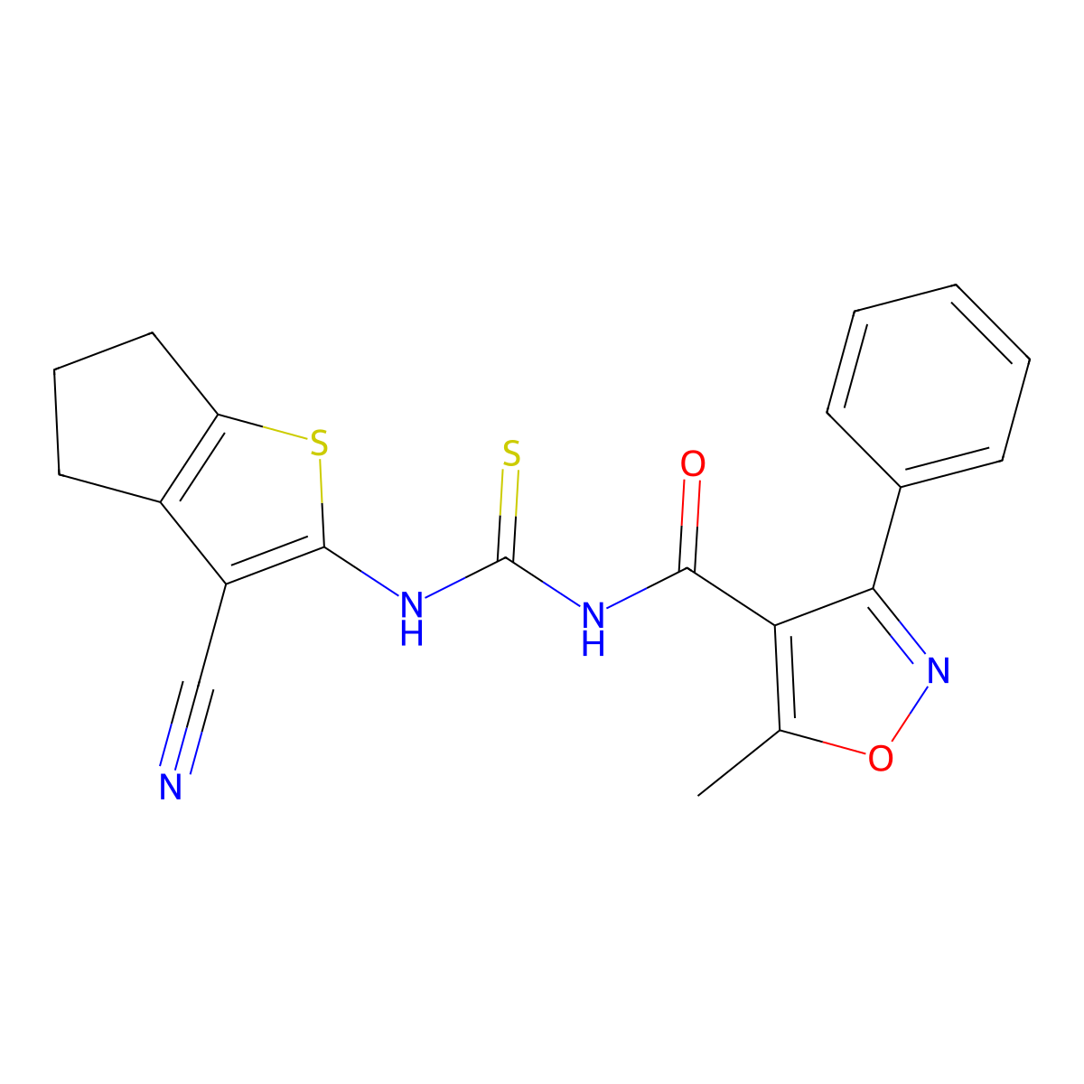 N-[(3-cyano-5,6-dihydro-4H-cyclopenta[b]thiophen-2-yl)carbamothioyl]-5-methyl-3-phenyl-1,2-oxazole-4-carboxamide molecular structure, CAS 695205-69-7