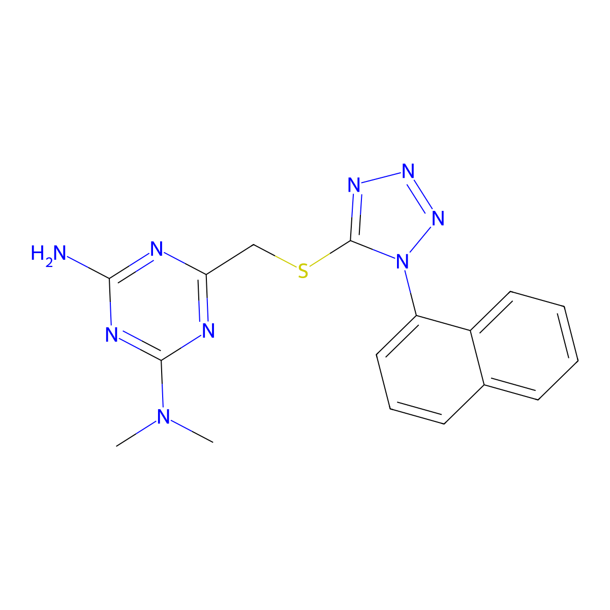 N2,N2-dimethyl-6-[[[1-(1-naphthalenyl)-5-tetrazolyl]thio]methyl]-1,3,5-triazine-2,4-diamine molecular structure, CAS 695209-67-7