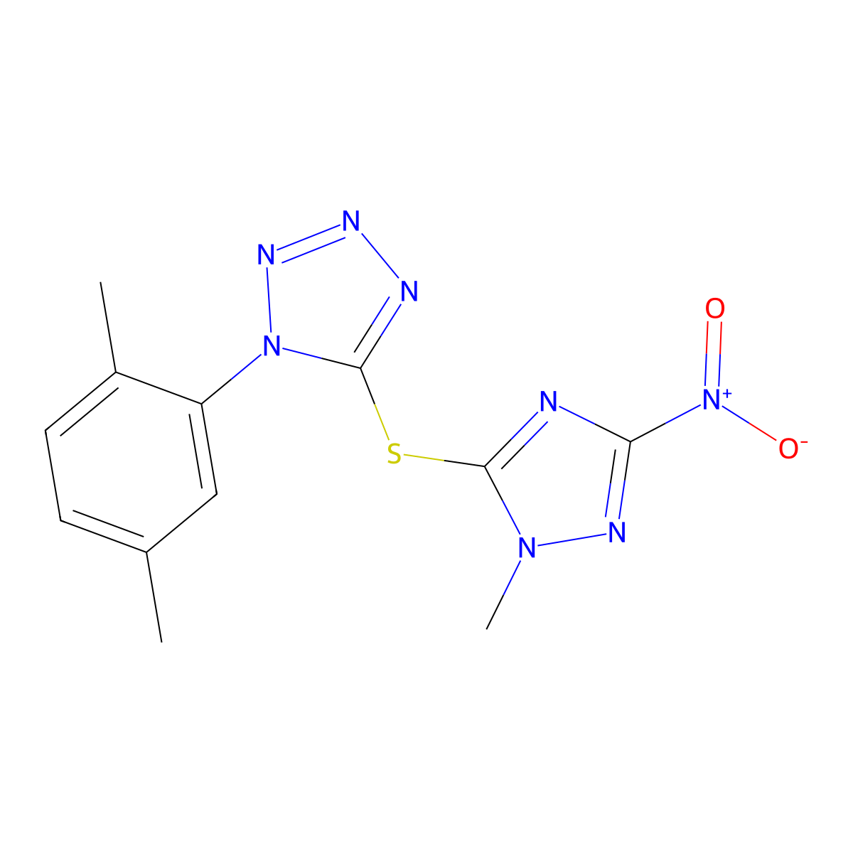 1-(2,5-Dimethylphenyl)-5-[(2-methyl-5-nitro-1,2,4-triazol-3-yl)sulfanyl]tetrazole molecular structure, CAS 695210-36-7