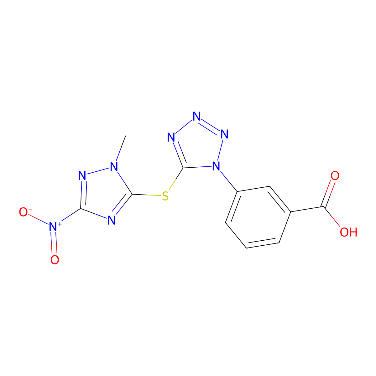 3-[5-[(2-methyl-5-nitro-1,2,4-triazol-3-yl)sulfanyl]tetrazol-1-yl]benzoic Acid molecular structure, CAS 695210-38-9