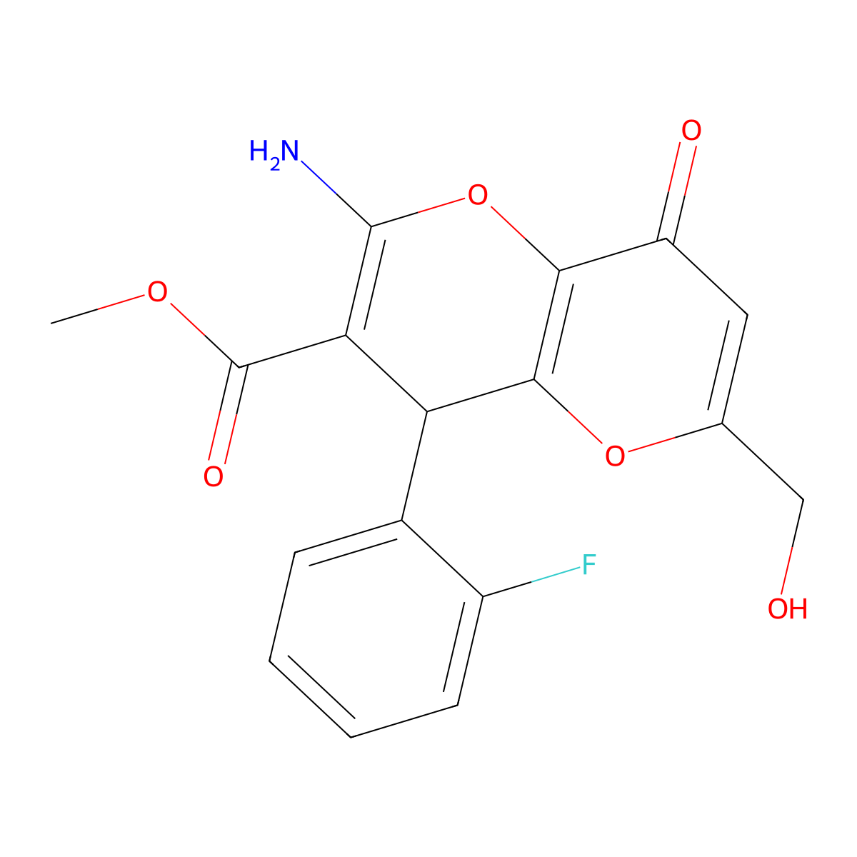 Methyl 2-amino-4-(2-fluorophenyl)-6-(hydroxymethyl)-8-oxo-4,8-dihydropyrano[3,2-b]pyran-3-carboxylate molecular structure, CAS 695211-38-2
