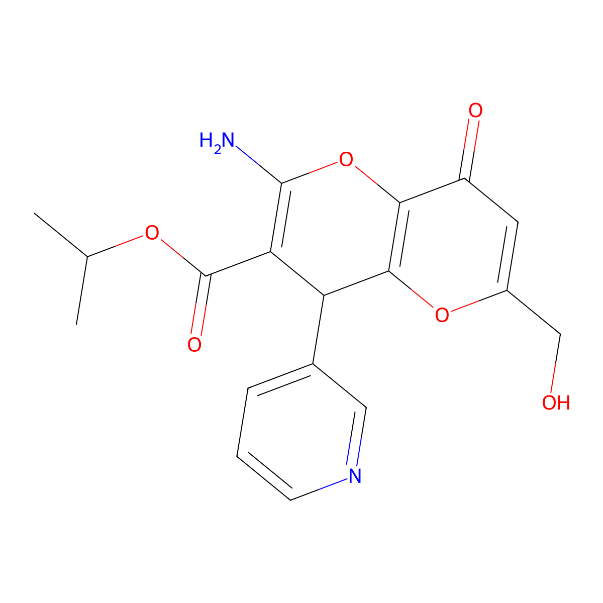 Isopropyl 2-amino-6-(hydroxymethyl)-8-oxo-4-(3-pyridinyl)-4,8-dihydropyrano[3,2-b]pyran-3-carboxylate molecular structure, CAS 695211-39-3