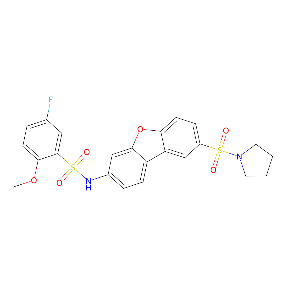 5-fluoro-2-methoxy-N-(8-pyrrolidin-1-ylsulfonyldibenzofuran-3-yl)benzenesulfonamide molecular structure, CAS 695213-65-1