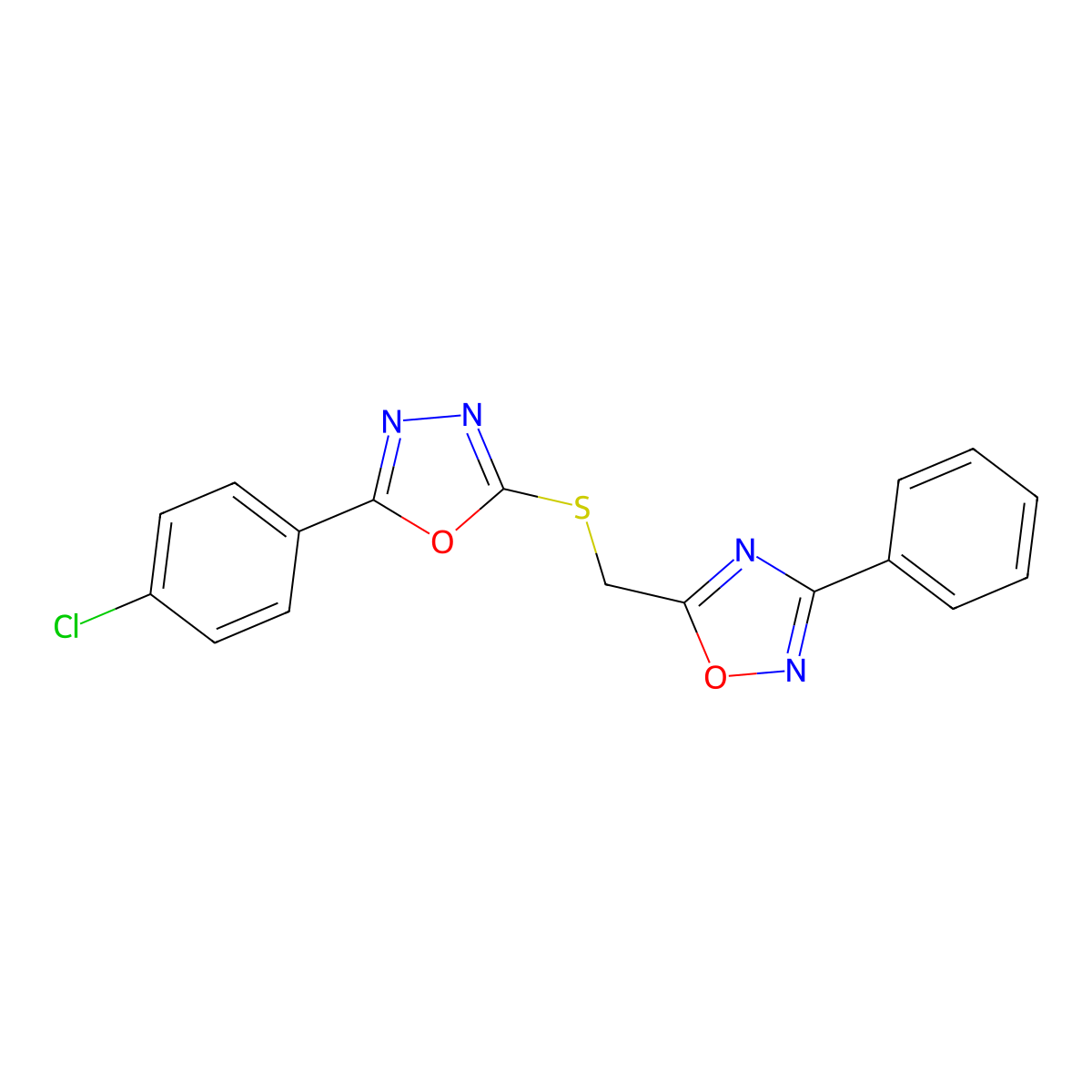 2-(4-Chlorophenyl)-5-[(3-phenyl-1,2,4-oxadiazol-5-yl)methylsulfanyl]-1,3,4-oxadiazole molecular structure, CAS 695214-03-0