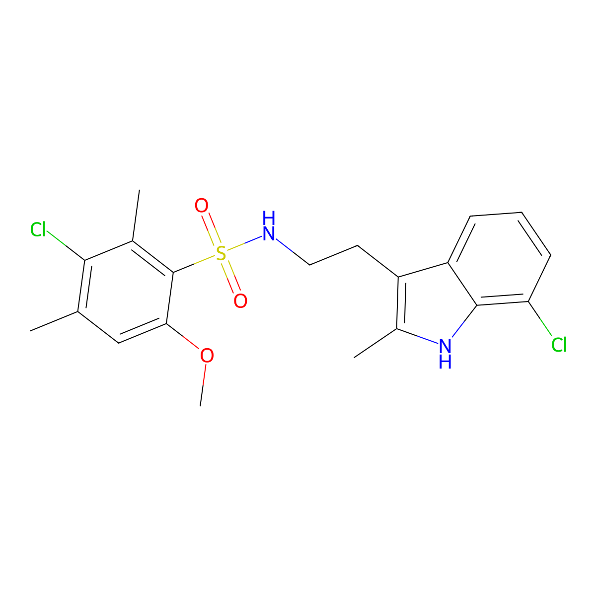 3-chloro-N-[2-(7-chloro-2-methyl-1H-indol-3-yl)ethyl]-6-methoxy-2,4-dimethylbenzenesulfonamide molecular structure, CAS 695218-31-6