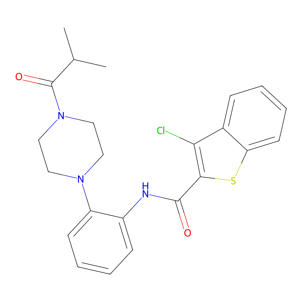 3-chloro-N-[2-[4-(2-methylpropanoyl)piperazin-1-yl]phenyl]-1-benzothiophene-2-carboxamide molecular structure, CAS 695220-79-2