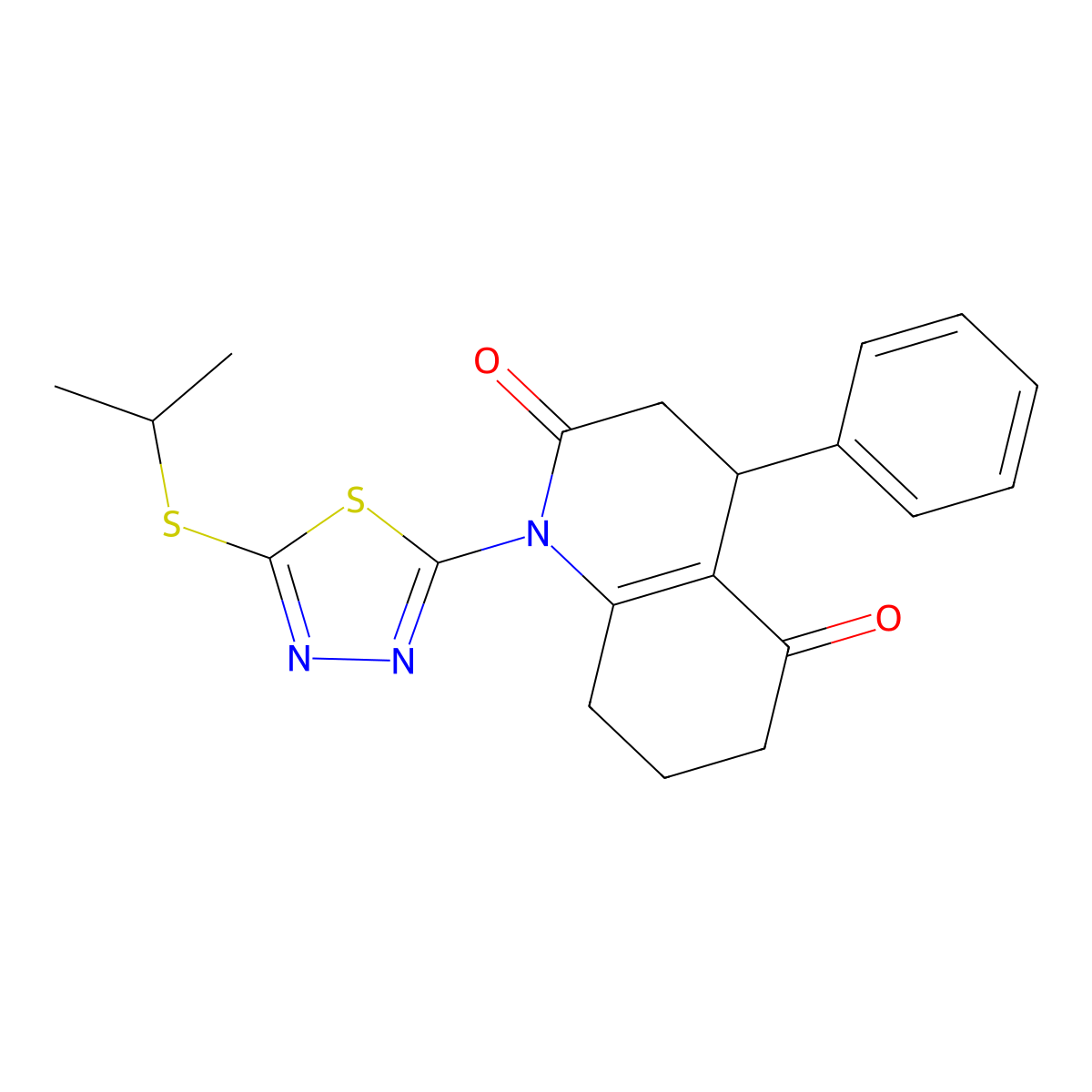 4-phenyl-1-(5-propan-2-ylsulfanyl-1,3,4-thiadiazol-2-yl)-4,6,7,8-tetrahydro-3H-quinoline-2,5-dione molecular structure, CAS 695225-05-9