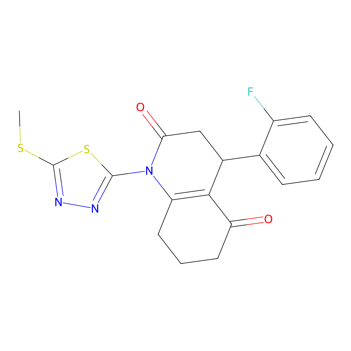 4-(2-fluorophenyl)-1-(5-methylsulfanyl-1,3,4-thiadiazol-2-yl)-4,6,7,8-tetrahydro-3H-quinoline-2,5-dione molecular structure, CAS 695225-48-0