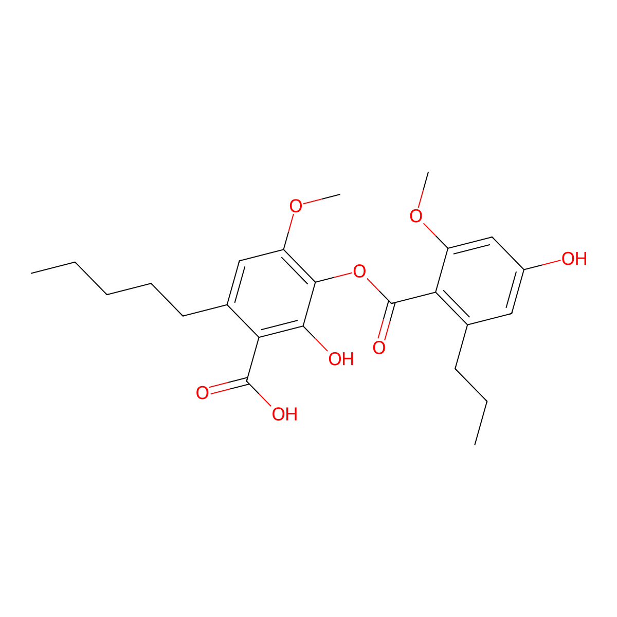 2-Hydroxy-3-[(4-hydroxy-2-methoxy-6-propylbenzoyl)oxy]-4-methoxy-6-pentylbenzoic acid molecular structure, CAS 69563-44-6