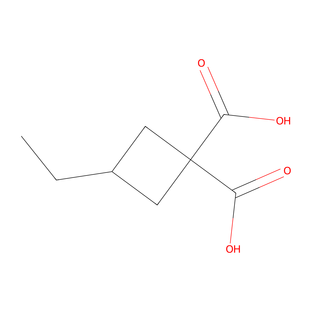 3-Ethylcyclobutane-1,1-dicarboxylic acid molecular structure, CAS 69647-59-2