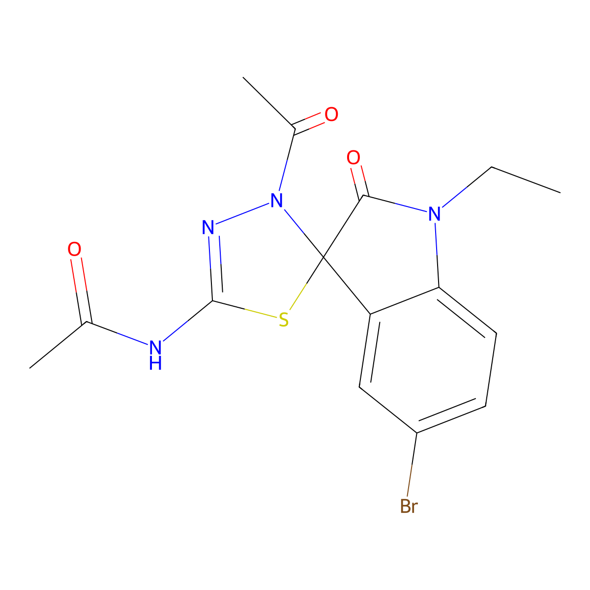 N-(4-acetyl-5'-bromo-1'-ethyl-2'-oxospiro[1,3,4-thiadiazole-5,3'-indole]-2-yl)acetamide molecular structure, CAS 696603-08-4