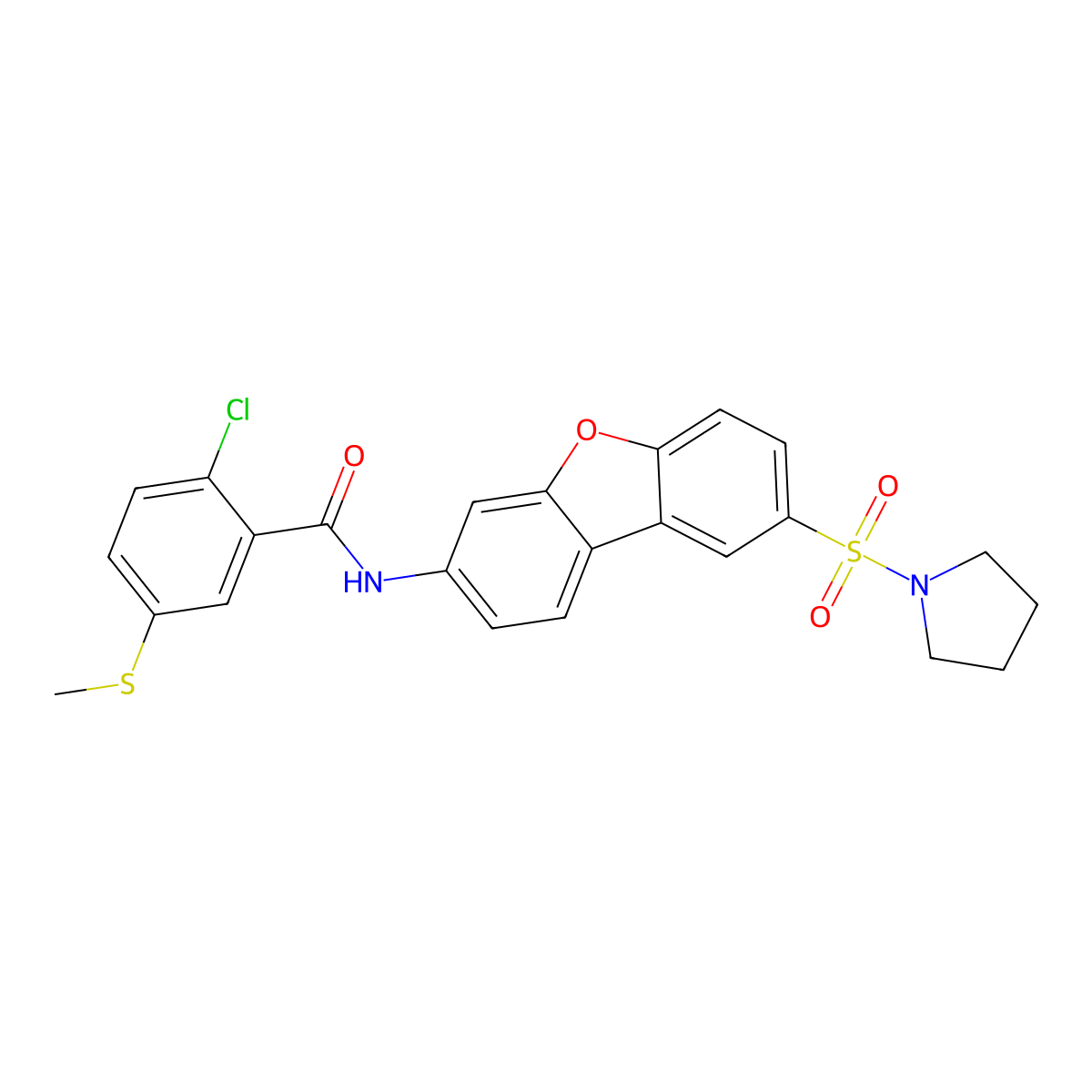 2-chloro-5-methylsulfanyl-N-(8-pyrrolidin-1-ylsulfonyldibenzofuran-3-yl)benzamide molecular structure, CAS 696603-70-0