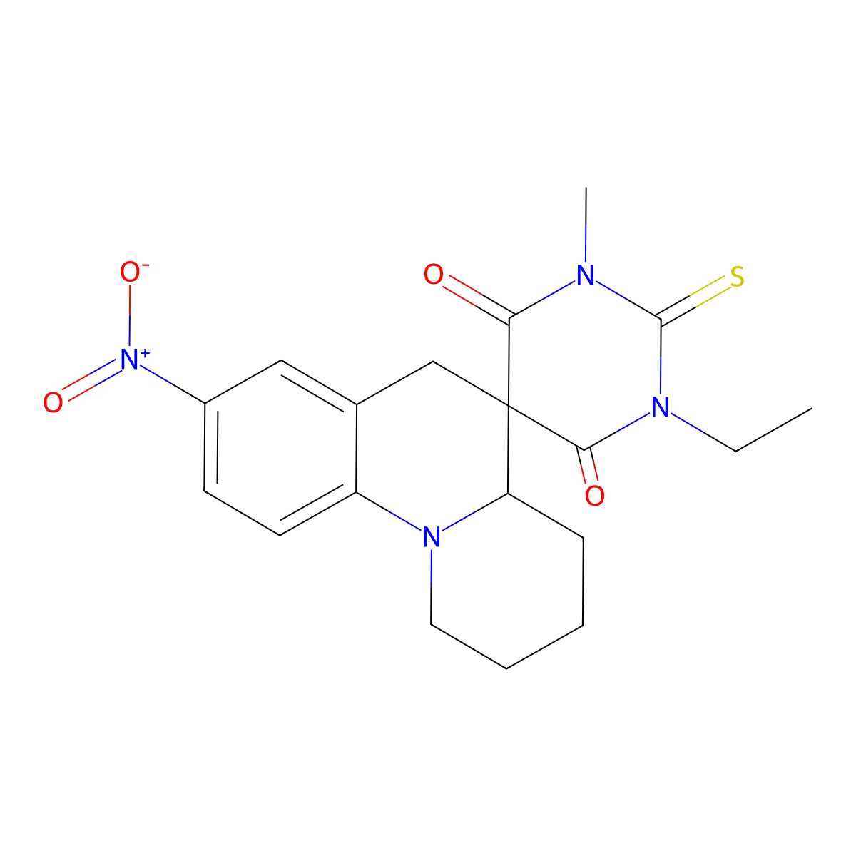 1'-ethyl-3'-methyl-8-nitro-2'-thioxo-2,3,4,4a-tetrahydro-1H,2'H,6H-spiro[pyrido[1,2-a]quinoline-5,5'-pyrimidine]-4',6'(1'H,3'H)-dione molecular structure, CAS 696607-19-9
