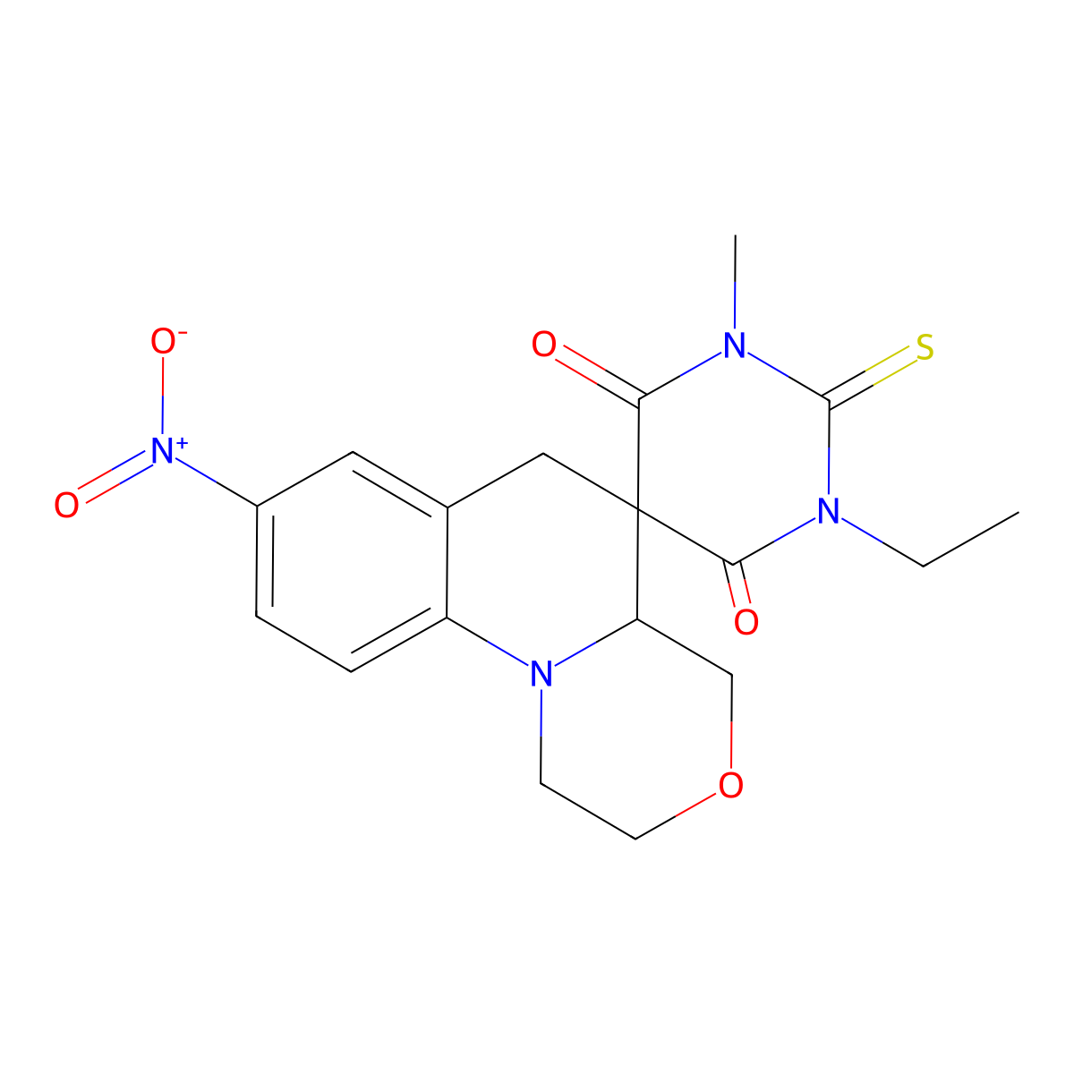 1'-ethyl-3'-methyl-8-nitro-2'-thioxo-1,2,4,4a-tetrahydro-2'H,6H-spiro[1,4-oxazino[4,3-a]quinoline-5,5'-pyrimidine]-4',6'(1'H,3'H)-dione molecular structure, CAS 696607-26-8