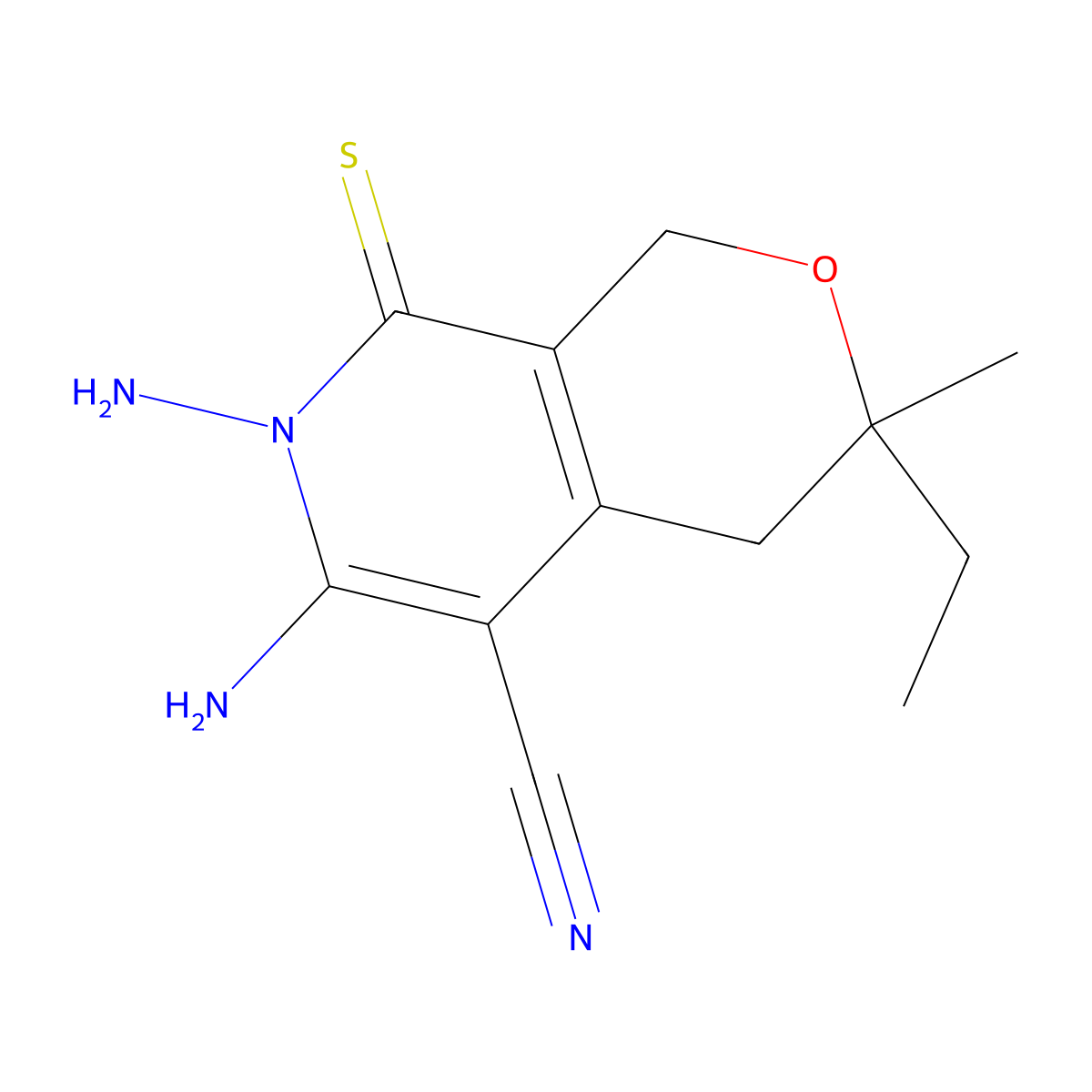 6,7-diamino-3-ethyl-3-methyl-8-thioxo-3,4,7,8-tetrahydro-1H-pyrano[3,4-c]pyridine-5-carbonitrile molecular structure, CAS 696612-25-6