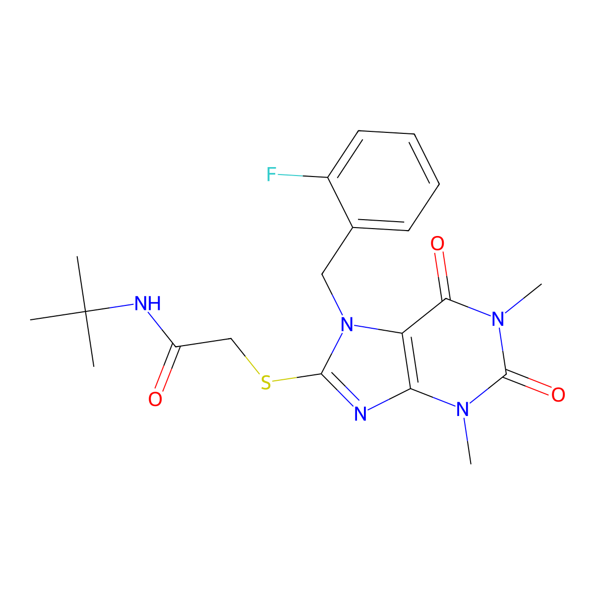 N-tert-butyl-2-[7-[(2-fluorophenyl)methyl]-1,3-dimethyl-2,6-dioxopurin-8-yl]sulfanylacetamide molecular structure, CAS 696614-33-2