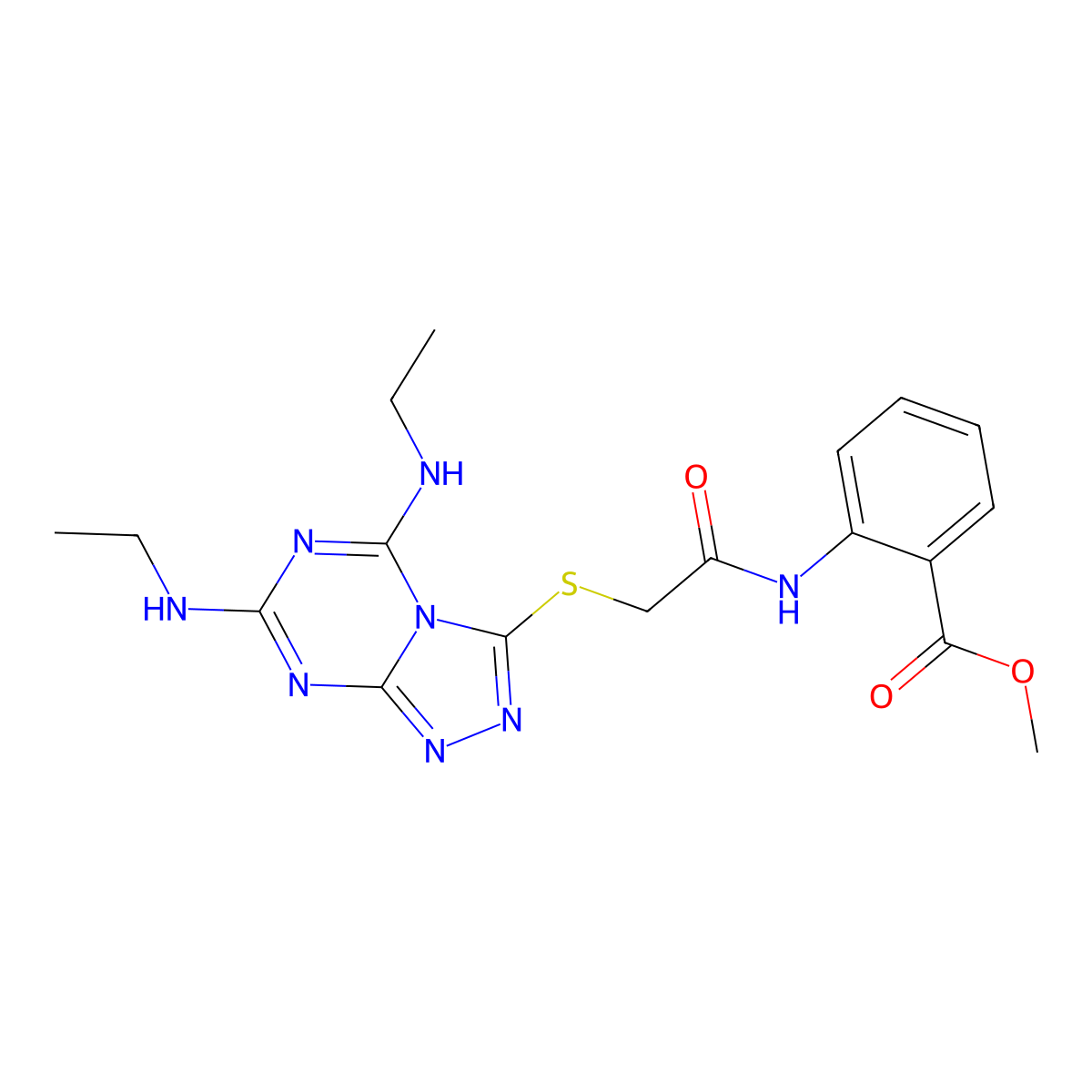 Methyl 2-[({[5,7-bis(ethylamino)[1,2,4]triazolo[4,3-a][1,3,5]triazin-3-yl]sulfanyl}acetyl)amino]benzoate molecular structure, CAS 696616-05-4