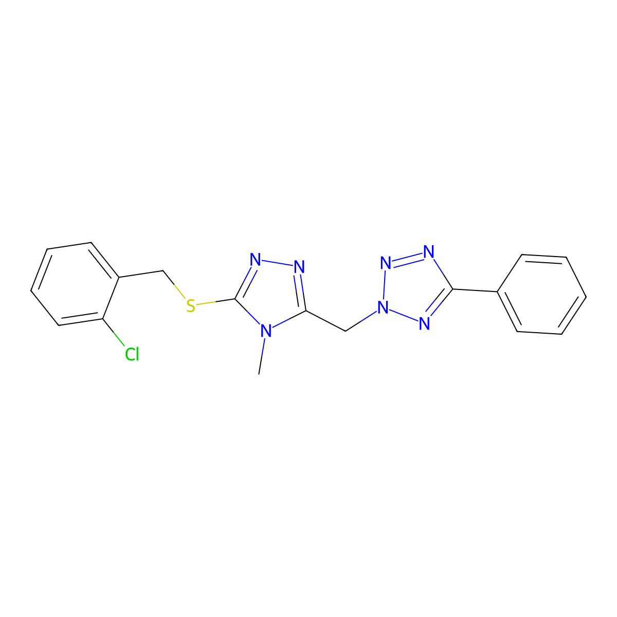 2-[[5-[(2-Chlorophenyl)methylsulfanyl]-4-methyl-1,2,4-triazol-3-yl]methyl]-5-phenyltetrazole molecular structure, CAS 696617-89-7