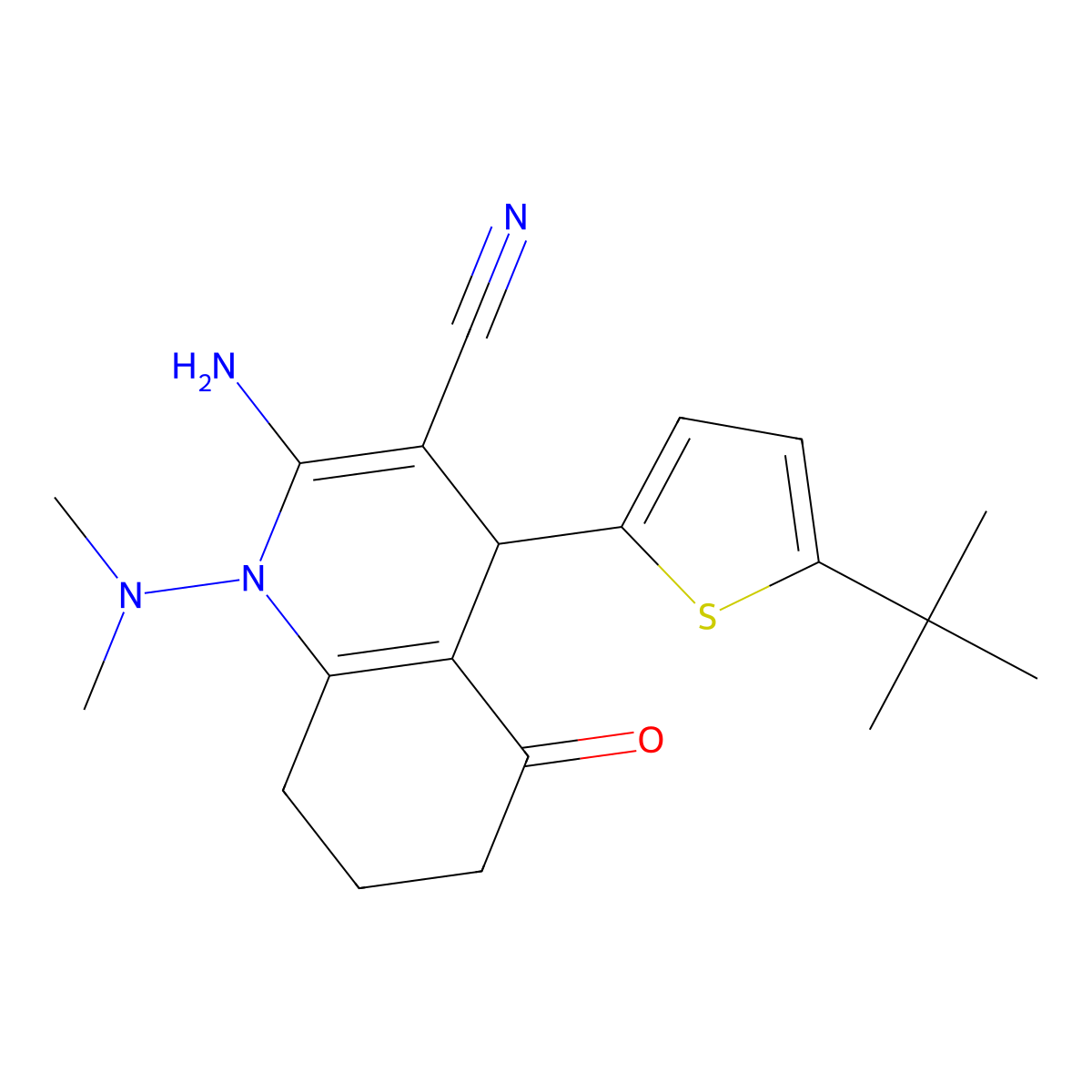 2-Amino-4-(5-tert-butylthiophen-2-yl)-1-(dimethylamino)-5-oxo-4,6,7,8-tetrahydroquinoline-3-carbonitrile molecular structure, CAS 696619-19-9