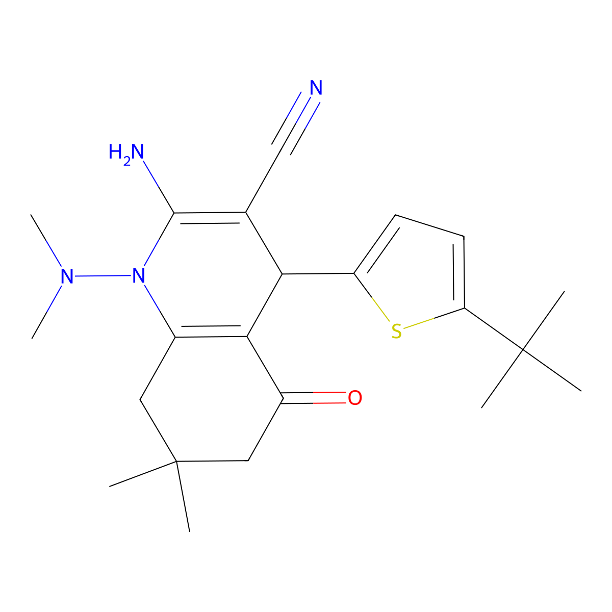 2-amino-4-(5-tert-butylthiophen-2-yl)-1-(dimethylamino)-7,7-dimethyl-5-oxo-6,8-dihydro-4H-quinoline-3-carbonitrile molecular structure, CAS 696619-26-8
