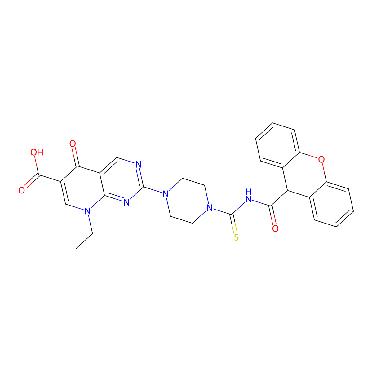 8-ethyl-5-oxo-2-[4-(9H-xanthene-9-carbonylcarbamothioyl)piperazin-1-yl]pyrido[2,3-d]pyrimidine-6-carboxylic acid molecular structure, CAS 696624-22-3
