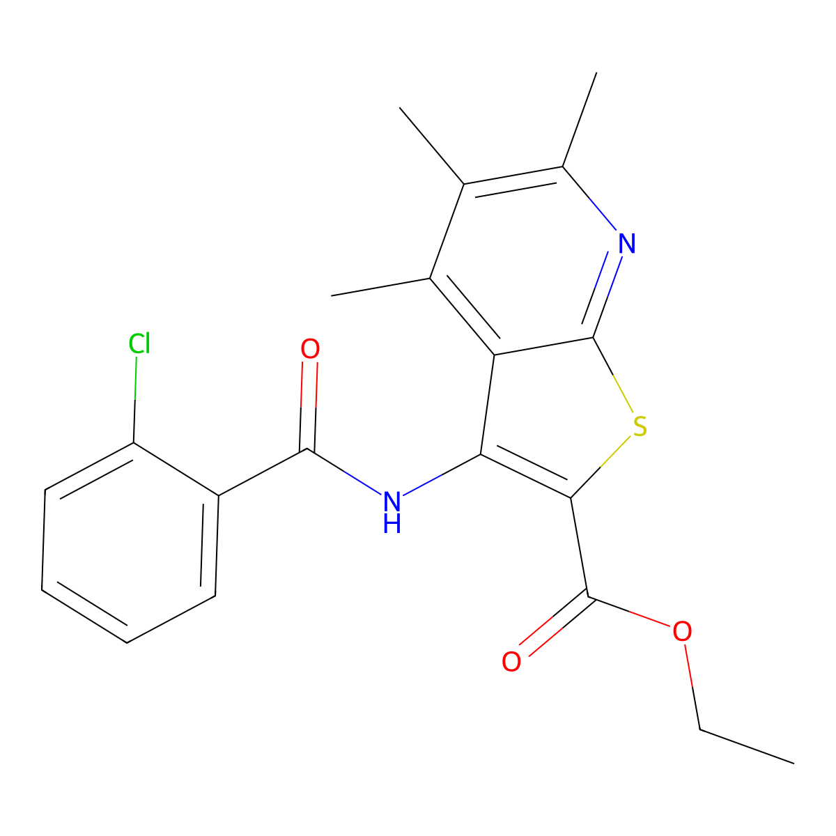 Ethyl 3-(2-chlorobenzamido)-4,5,6-trimethylthieno[2,3-B]pyridine-2-carboxylate molecular structure, CAS 696625-36-2