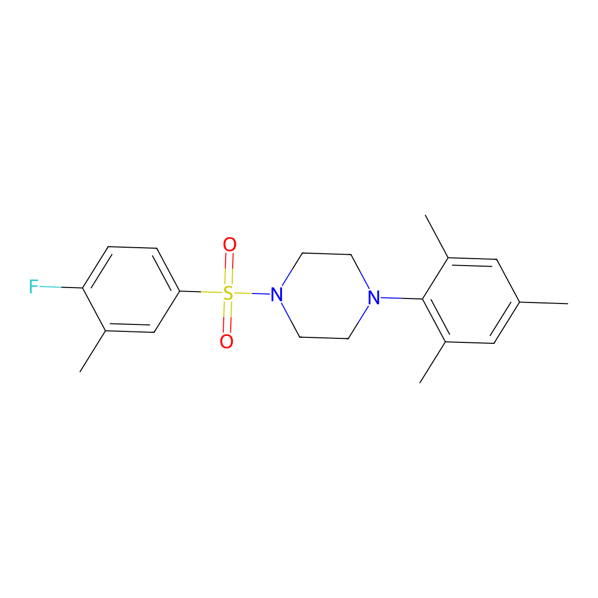 Piperazine, 1-(4-fluoro-3-methylbenzenesulfonyl)-4-(2,4,6-trimethylphenyl)- molecular structure, CAS 696627-88-0