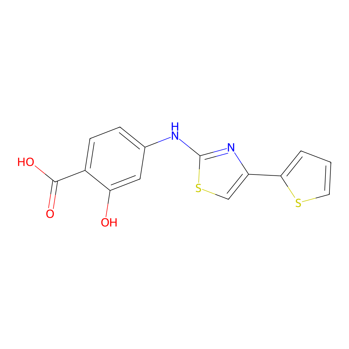 4-(4-(Thiophen-2-yl)thiazol-2-ylamino)-2-hydroxybenzoic acid molecular structure, CAS 696628-99-6