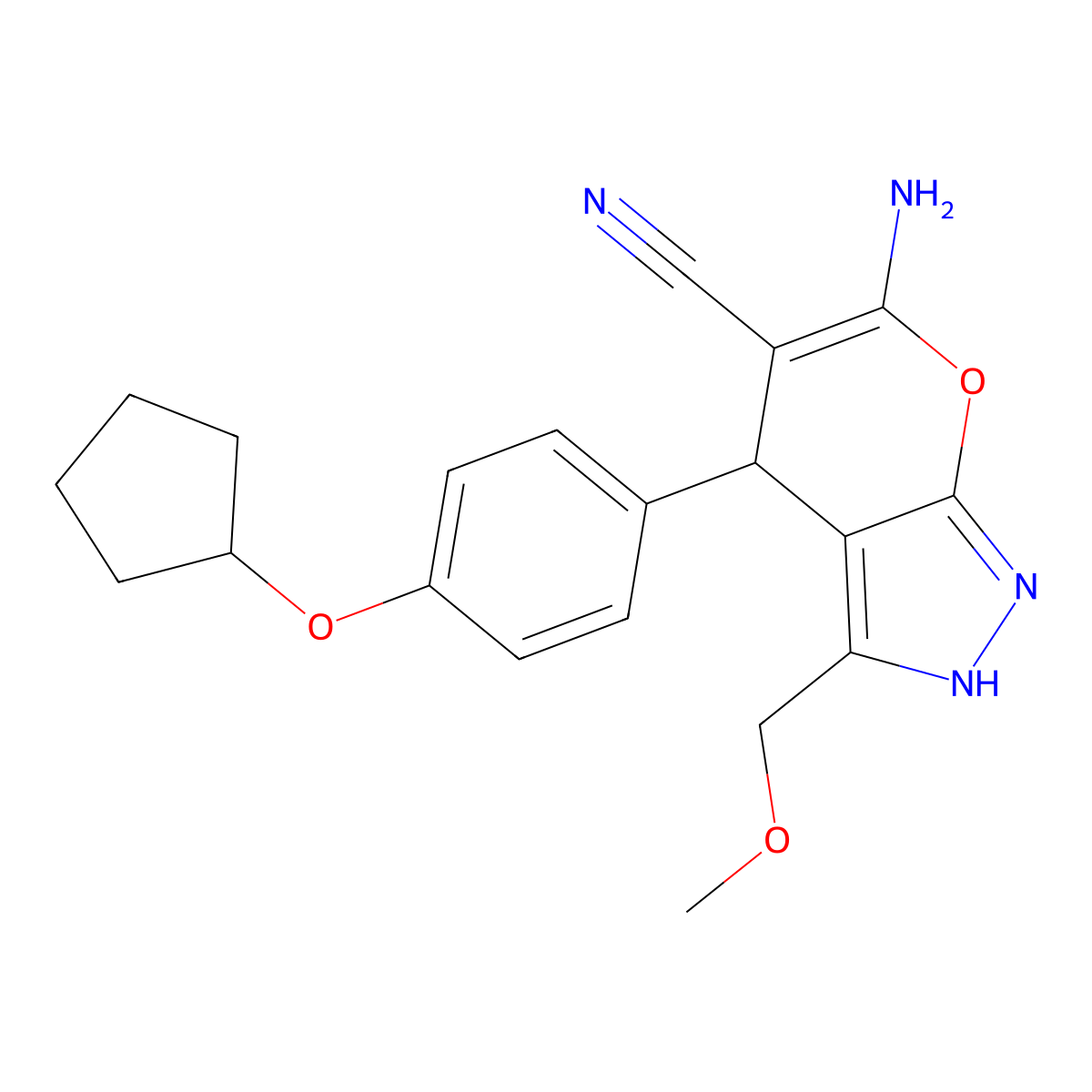 6-Amino-4-[4-(cyclopentyloxy)phenyl]-3-(methoxymethyl)-2,4-dihydropyrano[2,3-c]pyrazole-5-carbonitrile molecular structure, CAS 696630-33-8