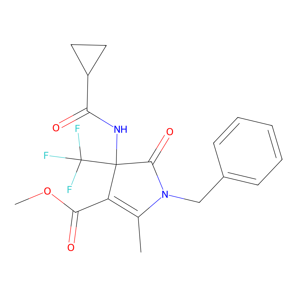 methyl 1-benzyl-4-(cyclopropanecarboxamido)-2-methyl-5-oxo-4-(trifluoromethyl)-4,5-dihydro-1H-pyrrole-3-carboxylate molecular structure, CAS 696632-11-8