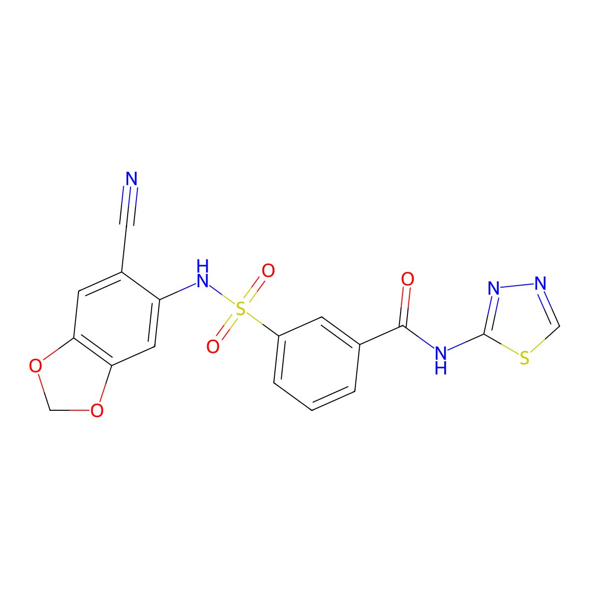 3-[(6-cyano-1,3-benzodioxol-5-yl)sulfamoyl]-N-(1,3,4-thiadiazol-2-yl)benzamide molecular structure, CAS 696632-27-6