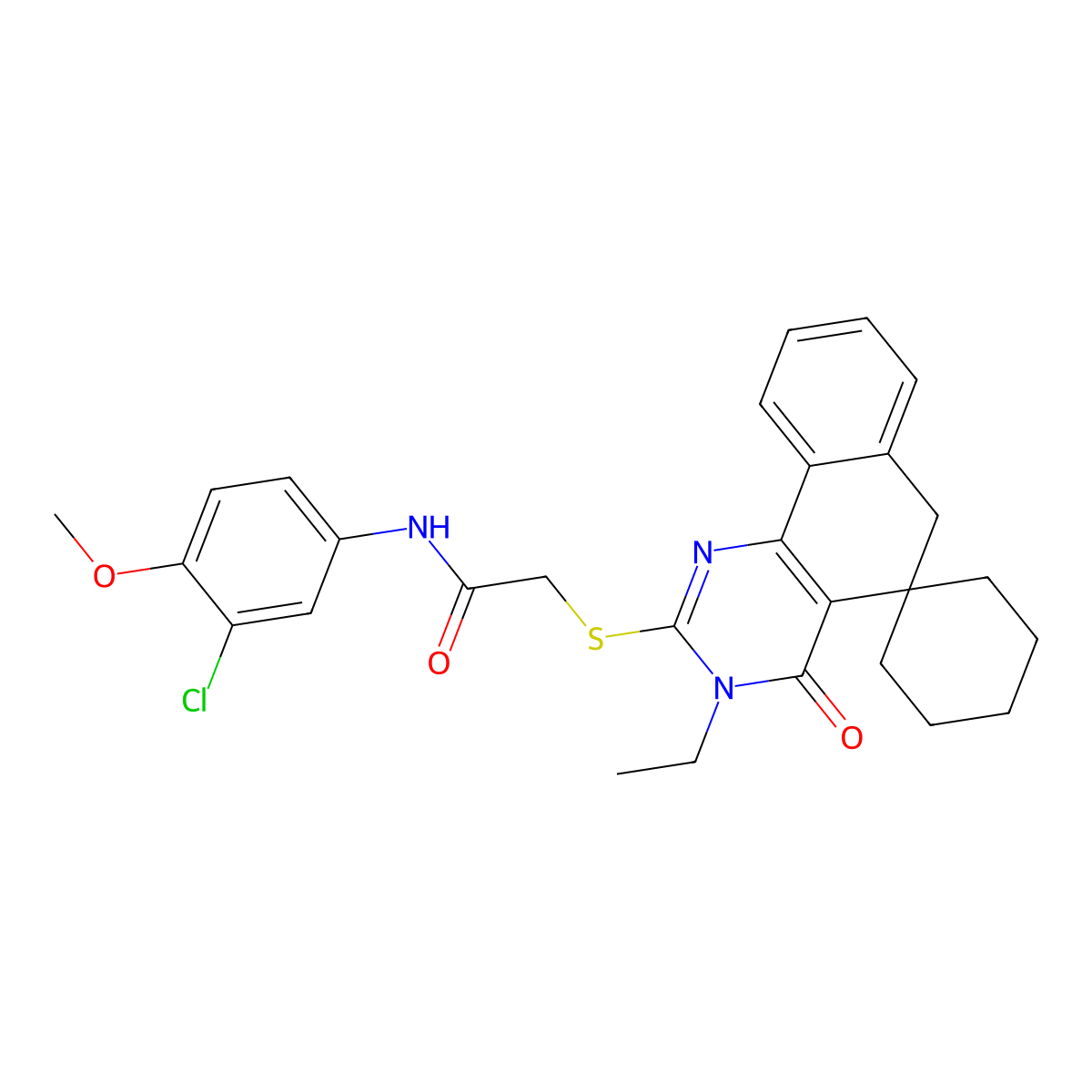 N-(3-chloro-4-methoxyphenyl)-2-(3-ethyl-4-oxospiro[6H-benzo[h]quinazoline-5,1'-cyclohexane]-2-yl)sulfanylacetamide molecular structure, CAS 696636-75-6