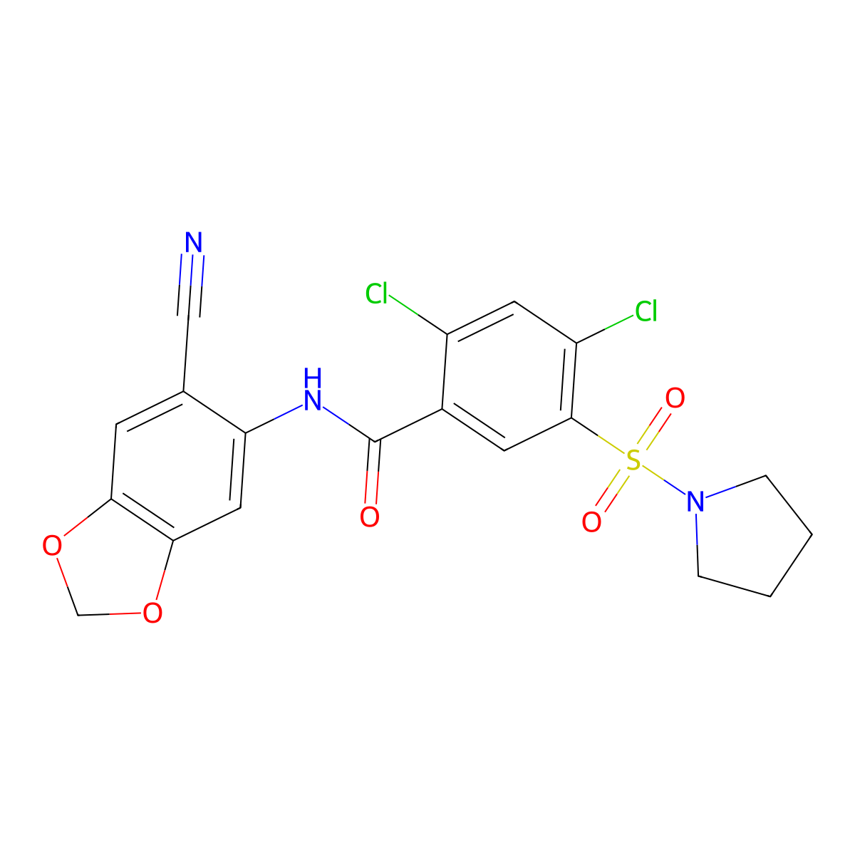 2,4-Dichloro-N-(6-cyano-1,3-benzodioxol-5-yl)-5-(1-pyrrolidinylsulfonyl)benzamide molecular structure, CAS 696637-94-2