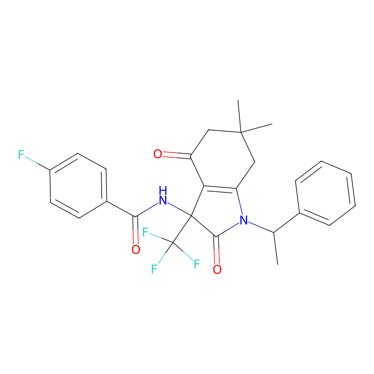 N-[6,6-dimethyl-2,4-dioxo-1-(1-phenylethyl)-3-(trifluoromethyl)-5,7-dihydroindol-3-yl]-4-fluorobenzamide molecular structure, CAS 696638-39-8