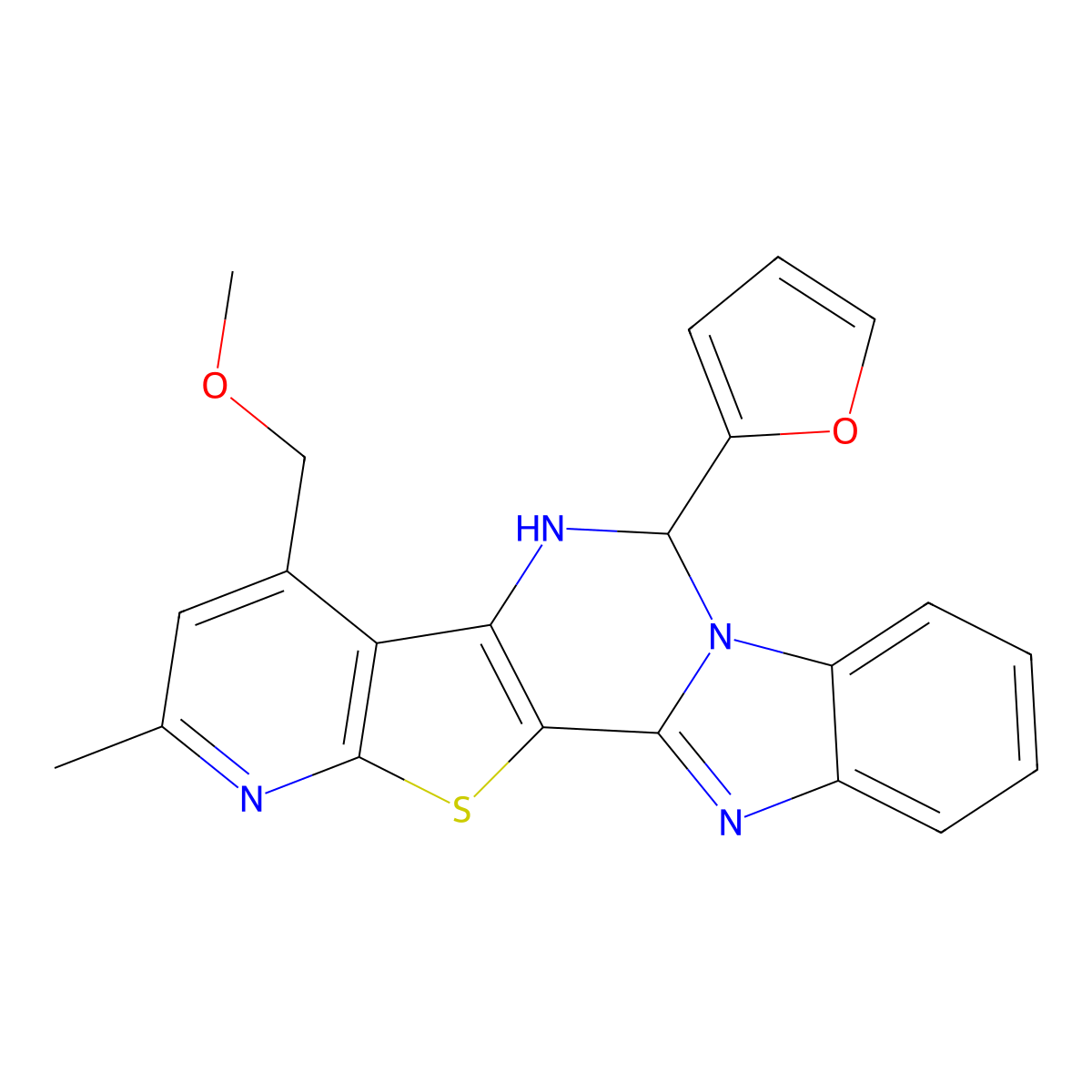 6-(Furan-2-yl)-4-(methoxymethyl)-2-methyl-5,6-dihydrobenzo[4,5]imidazo[1,2-c]pyrido[3',2':4,5]thieno[2,3-e]pyrimidine molecular structure, CAS 696639-53-9