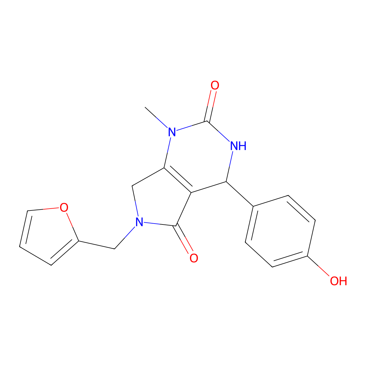 6-(furan-2-ylmethyl)-4-(4-hydroxyphenyl)-1-methyl-3,4,6,7-tetrahydro-1H-pyrrolo[3,4-d]pyrimidine-2,5-dione molecular structure, CAS 696640-14-9