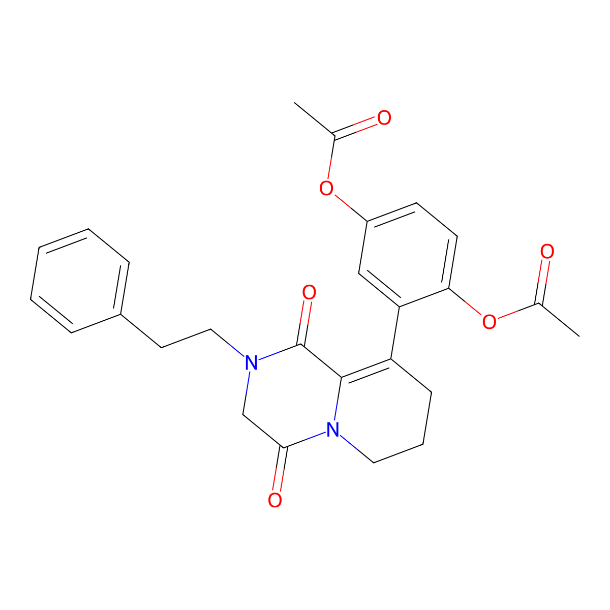 2-(1,4-dioxo-2-phenethyl-2,3,4,6,7,8-hexahydro-1H-pyrido[1,2-a]pyrazin-9-yl)-1,4-phenylene diacetate molecular structure, CAS 696644-17-4