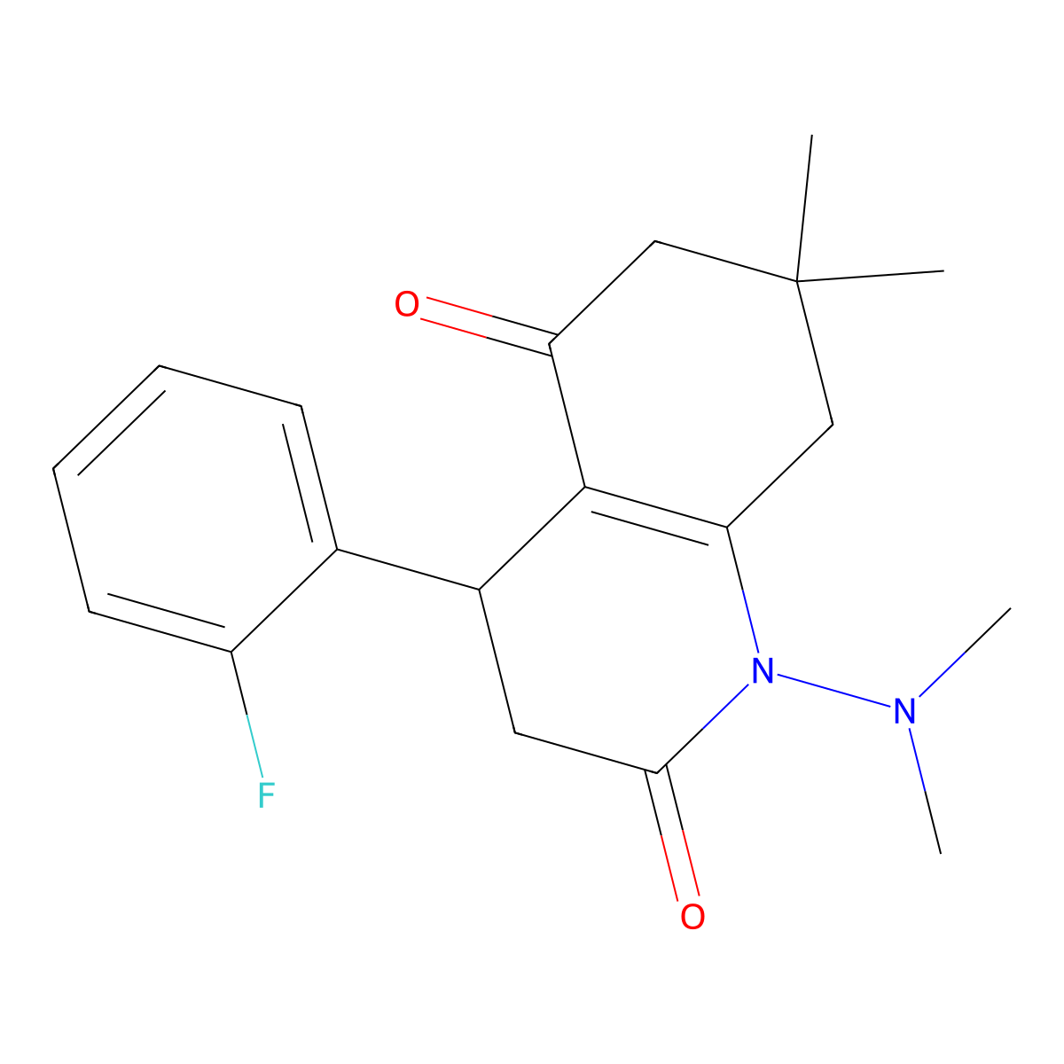 1-(Dimethylamino)-4-(2-fluorophenyl)-7,7-dimethyl-3,4,6,8-tetrahydroquinoline-2,5-dione molecular structure, CAS 696645-60-0