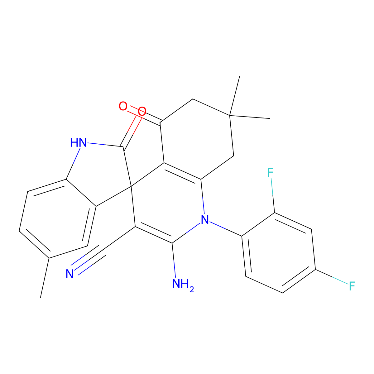 2'-amino-1'-(2,4-difluorophenyl)-5,7',7'-trimethyl-2,5'-dioxo-1,2,5',6',7',8'-hexahydro-1'H-spiro[indole-3,4'-quinoline]-3'-carbonitrile molecular structure, CAS 696646-70-5