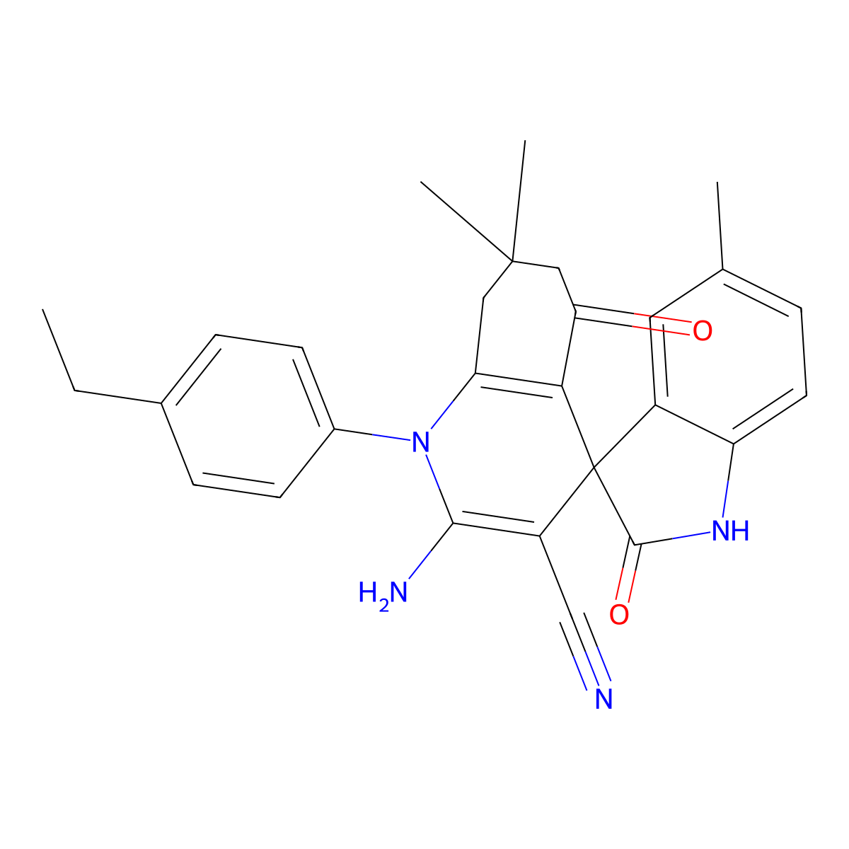 2'-amino-1'-(4-ethylphenyl)-5,7',7'-trimethyl-2,5'-dioxo-1,2,5',6',7',8'-hexahydro-1'H-spiro[indole-3,4'-quinoline]-3'-carbonitrile molecular structure, CAS 696646-75-0