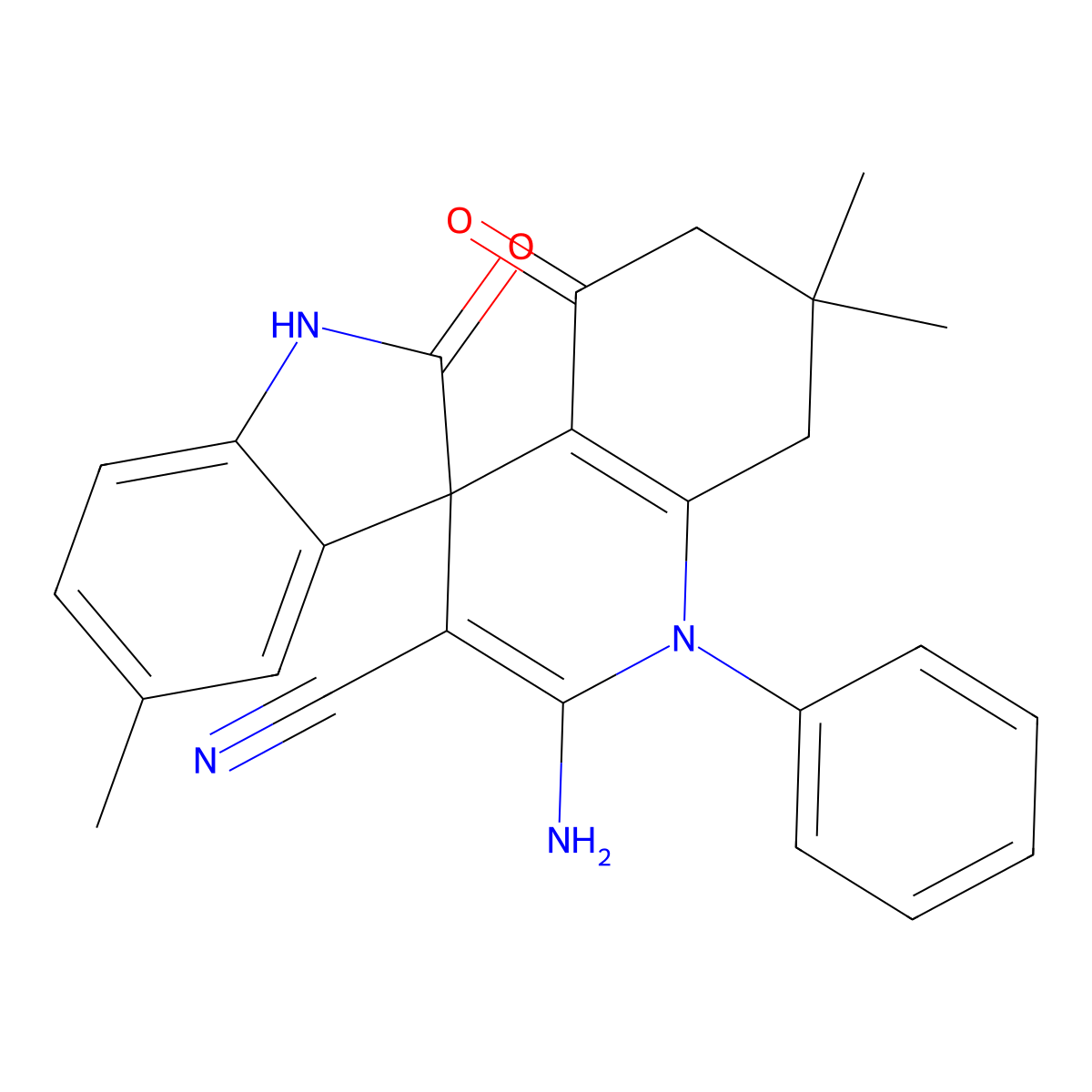 2'-amino-5,7',7'-trimethyl-2,5'-dioxo-1'-phenyl-1,2,5',6',7',8'-hexahydro-1'H-spiro[indole-3,4'-quinoline]-3'-carbonitrile molecular structure, CAS 696646-81-8