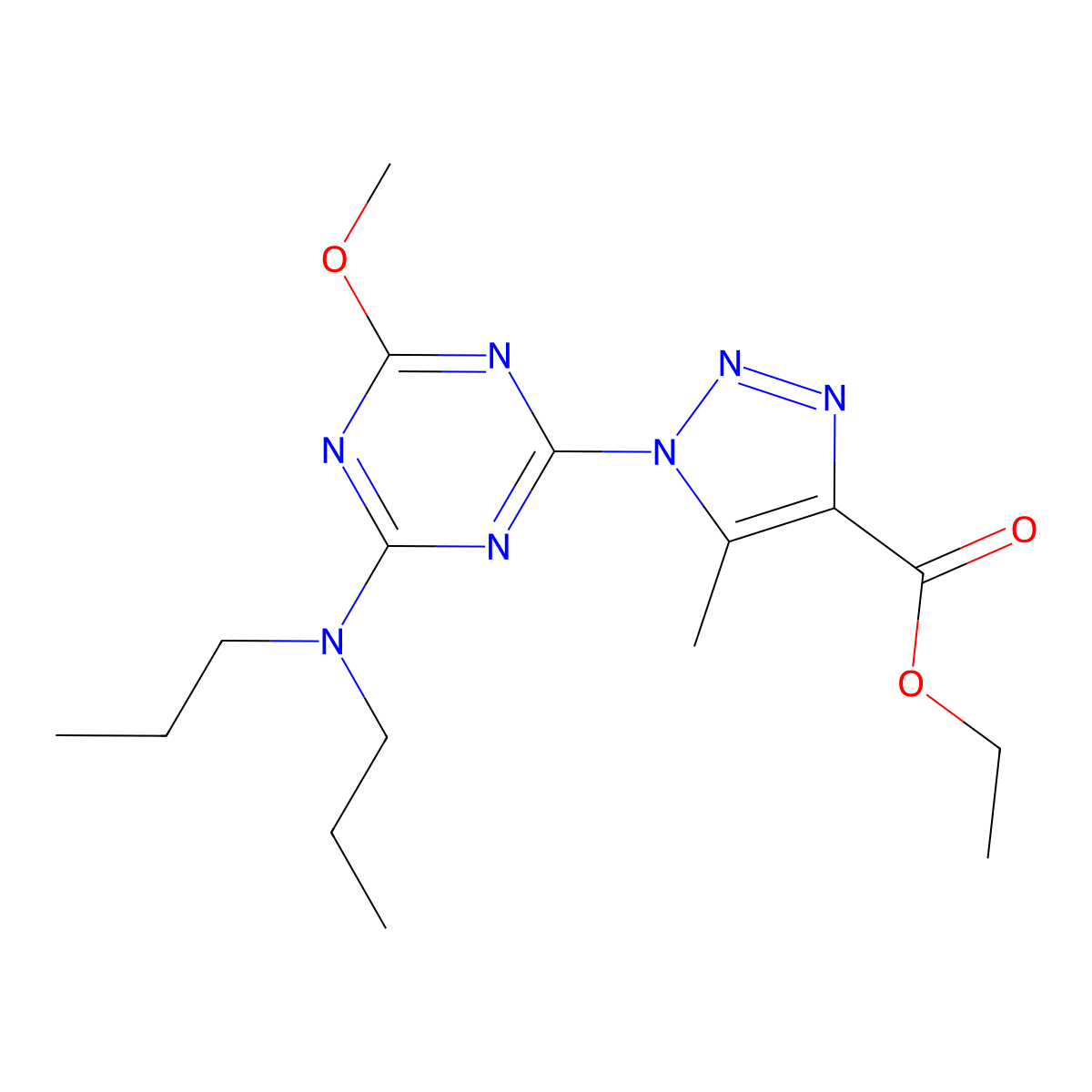 ethyl 1-[4-(dipropylamino)-6-methoxy-1,3,5-triazin-2-yl]-5-methyl-1H-1,2,3-triazole-4-carboxylate molecular structure, CAS 696647-08-2
