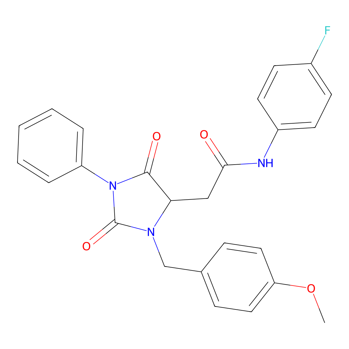 N-(4-fluorophenyl)-2-[3-(4-methoxybenzyl)-2,5-dioxo-1-phenylimidazolidin-4-yl]acetamide molecular structure, CAS 696647-98-0