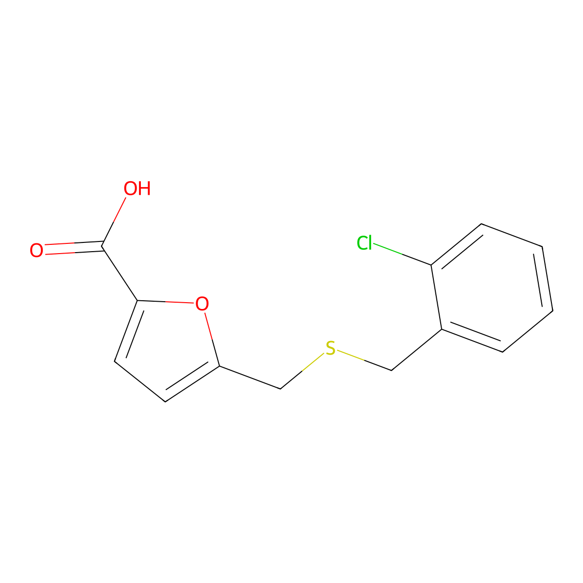 5-{[(2-Chlorobenzyl)thio]methyl}-2-furoic acid molecular structure, CAS 696648-20-1
