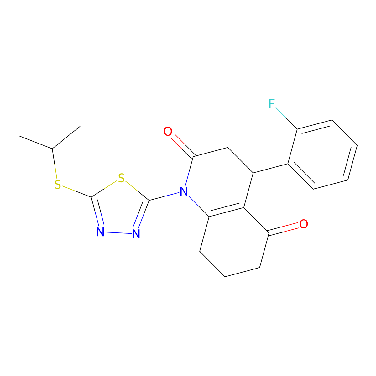 4-(2-fluorophenyl)-1-(5-propan-2-ylsulfanyl-1,3,4-thiadiazol-2-yl)-4,6,7,8-tetrahydro-3H-quinoline-2,5-dione molecular structure, CAS 696650-32-5
