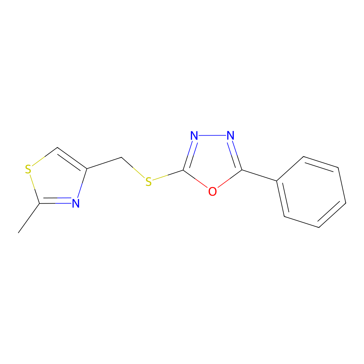 2-(((2-Methylthiazol-4-yl)methyl)thio)-5-phenyl-1,3,4-oxadiazole molecular structure, CAS 696656-71-0
