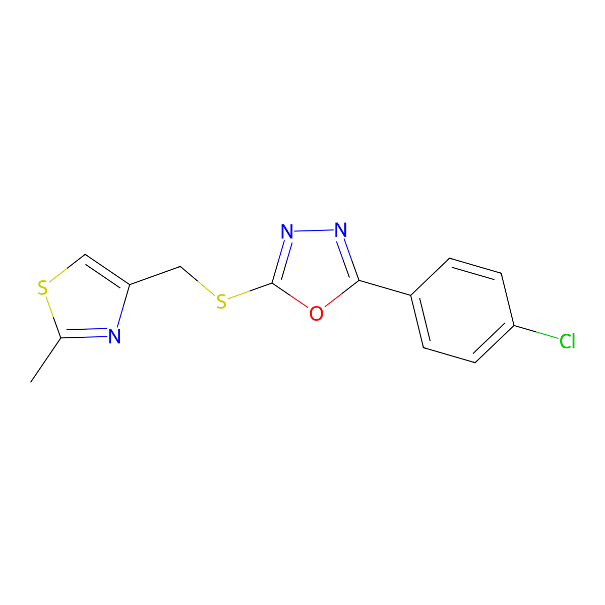 2-(4-Chlorophenyl)-5-[(2-methyl-1,3-thiazol-4-yl)methylsulfanyl]-1,3,4-oxadiazole molecular structure, CAS 696656-85-6