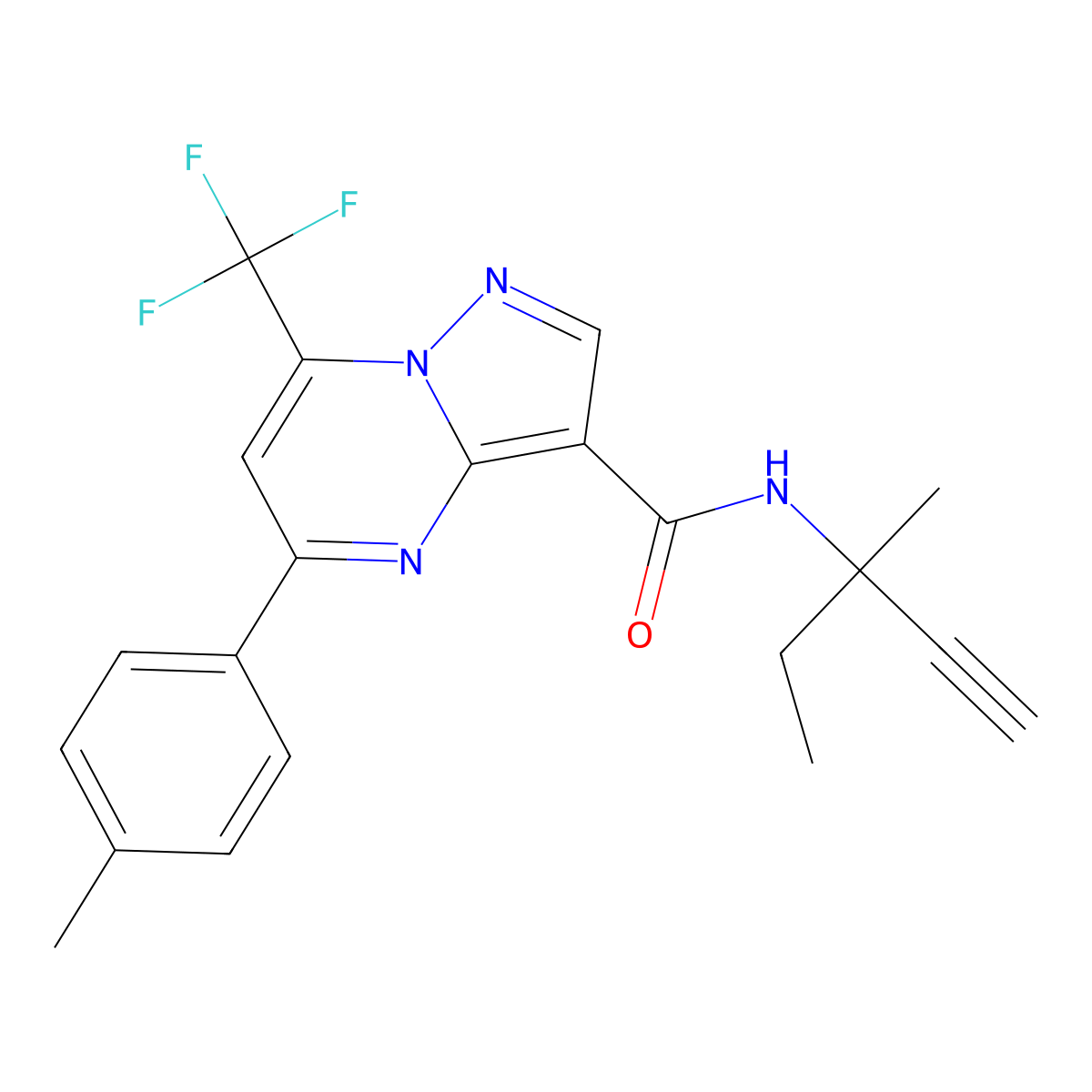 N-(3-methylpent-1-yn-3-yl)-5-(4-methylphenyl)-7-(trifluoromethyl)pyrazolo[1,5-a]pyrimidine-3-carboxamide molecular structure, CAS 696658-01-2
